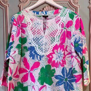 Talbots Floral Embroidered Popover Tunic • 2XP Plus Petite • EUC • Resort Top